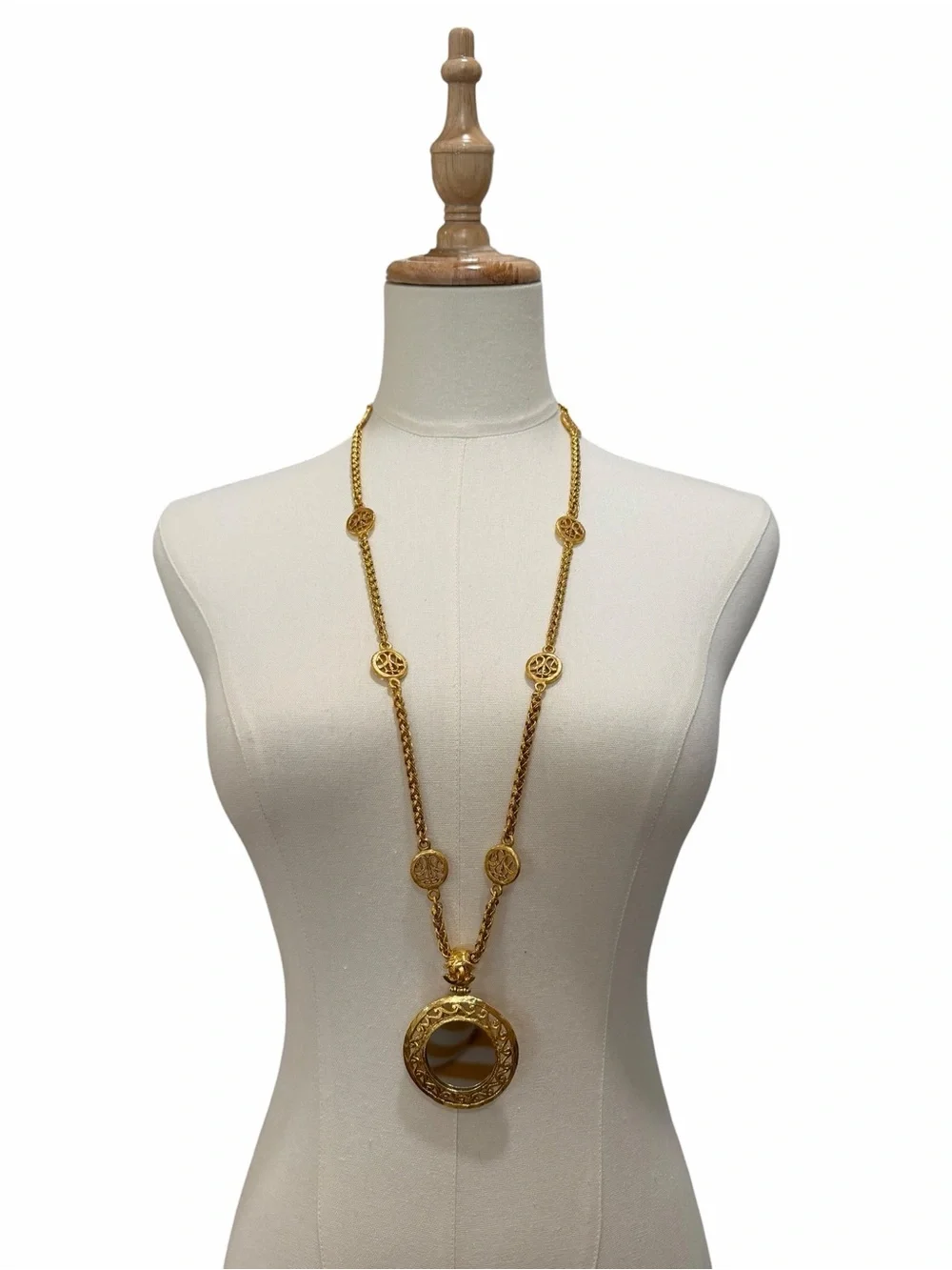 CHANEL Gold Plated Long Medallion Necklace with Mirror Pendant